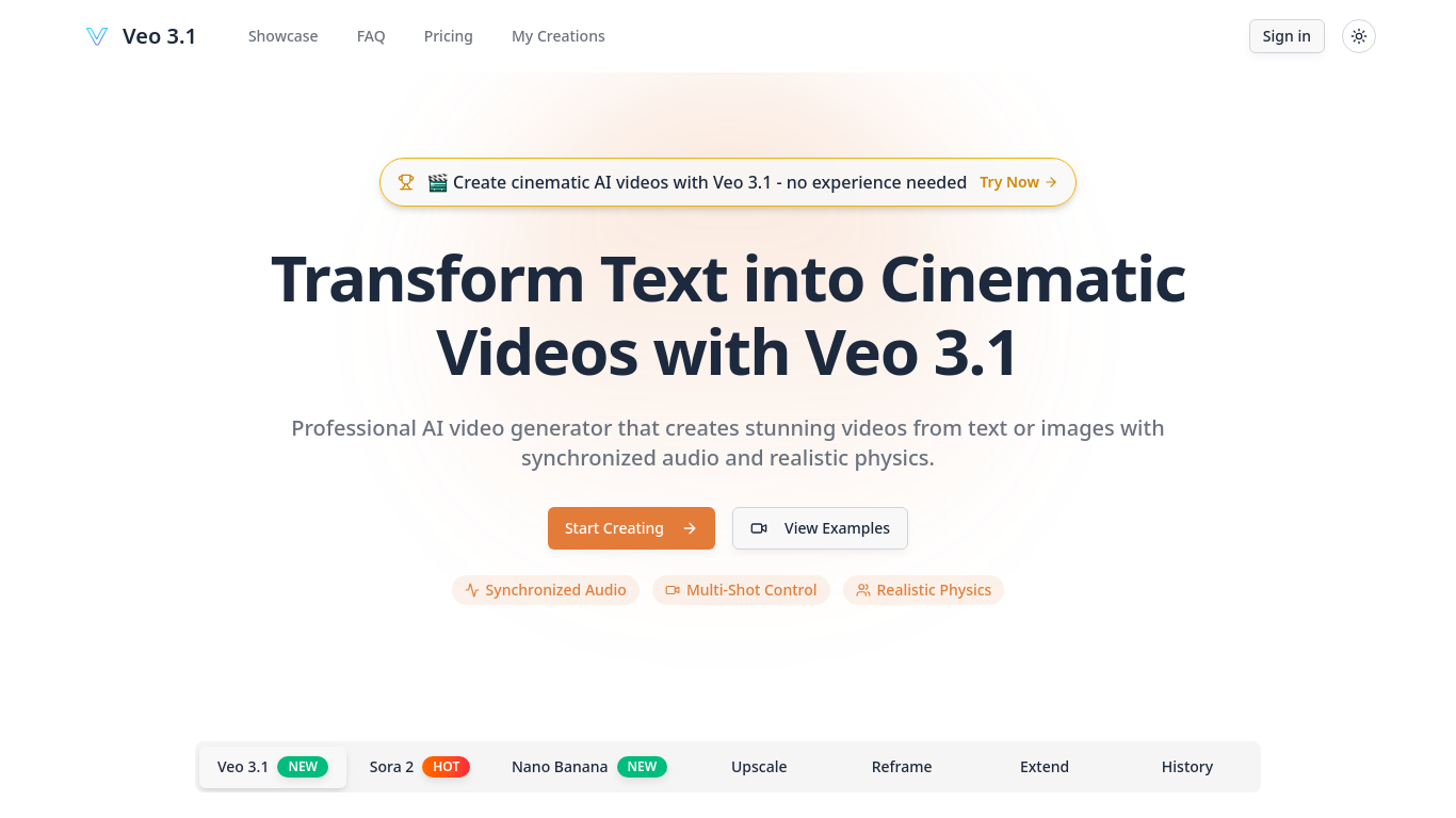 Veo 3.1- Cinematic AI Video Generator with Realistic Physics